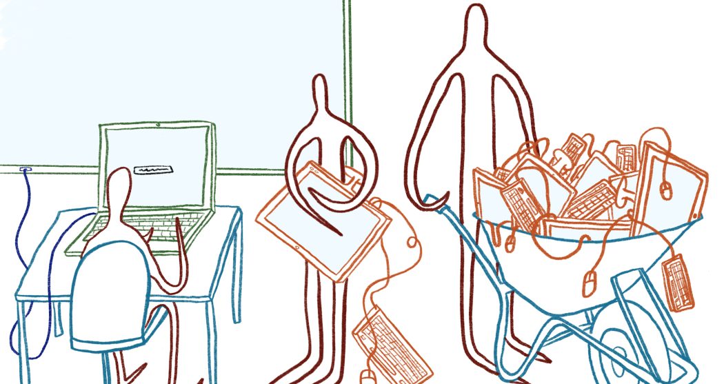 bezuinigingen_desktops-weg_collegezaal_laptop_scherm_kruiwagen_digitaal_Sonja-Schravesande.jpg