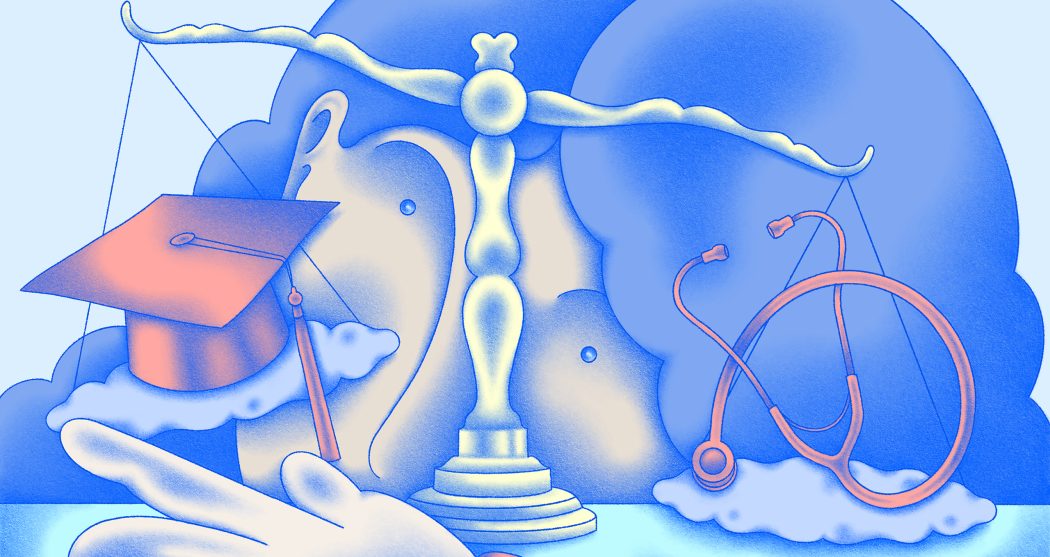 VERHAAL3_hoofdbeeld_erasmus mc_emc_ coschappen_artsen_ongeschikt_studenten_geneeskunde_weegschaal_stethoscoop_doctoraalhoed_Hanneke Rozemuller