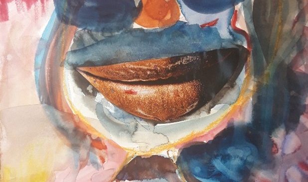 Many colored brush strokes form almost a face.