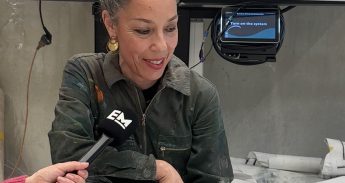 Visual artist Hadassah Emmerich in her temporary studio in room 2.04 of Langeveld. She sits on the ground and explains her artistic process.